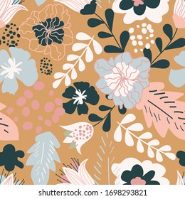 Childish seamless pattern with cute colorful flowers, vector. Good for fabric, surface decoration, packaging and more