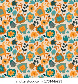 Childish seamless pattern with cute colorful flowers, vector. Good for fabric, surface decoration, packaging and more