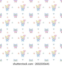 Childish Seamless pattern of cute colorful skunk and owl cartoon  on white background.Vector isolate flat design for Creative kids texture for fabric, wrapping, textile, wallpaper, apparel,t-shirt 