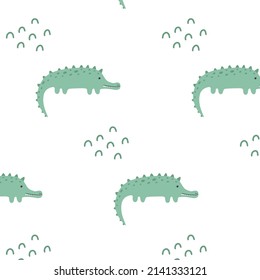 Childish seamless pattern with cute crocodile. Drawn pattern with crocodile. Pattern with aligator.Vector illustration.