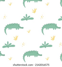 Childish seamless pattern with cute crocodile and plants. Drawn pattern with crocodile. Alligator pattern. Vector illustration. Suitable for fabrics, wrapping paper, wallpapers.