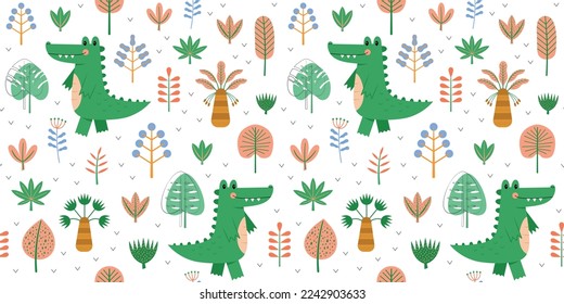 Childish seamless pattern with cute crocodile and jungle elements. Can be used for kids apparel, fabric, textile, and wrapping paper. Vector illustration background. 