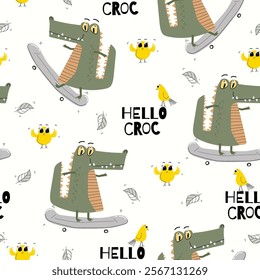 Childish seamless pattern with cute crocodile and little bird. Suitable for wall art, poster, t-shirt and others 