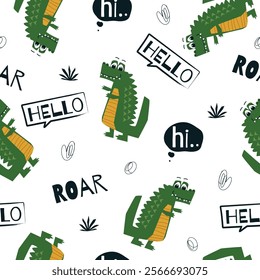 Childish seamless pattern with cute crocodiles, hello, roar and hi text. Vector illustration.