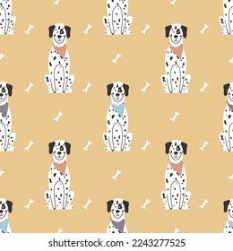 Childish seamless pattern with cute dalmatian in Scandinavian style. Vector illustration. It can be used for nursery, apparel, wallpaper, textile, and print.