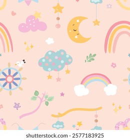 Childish seamless pattern with cute decorative elements. Rainbow, clothes, flowers, baby mobile with hanging, steering wheel and bird, vector background