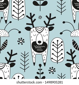 Childish seamless pattern with cute deer in Scandinavian style. Vector Illustration. Kids illustration for nursery design. Great for baby clothes, greeting card, wrapping paper.
