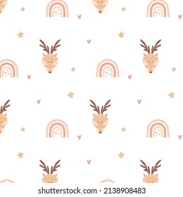 Childish seamless pattern with cute deer head and rainbow. Kids boho style. Hand-drawn pattern with deer. Vetor illustration.