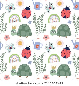 Childish seamless pattern with cute design for kids, turtles, ladybirds, butterflies and rainbows