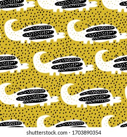 Patrón infantil sin costuras con un dino lindo sobre un fondo amarillo. Fondo infantil vectorial creativo para tela, textil, papel tapiz vivero. Ilustración vectorial.