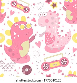 Childish seamless pattern with cute dinosaur in cartoon style. Vector Illustration. Kids illustration for nursery design. Music Dino great for baby clothes, wrapping paper, packaging design.