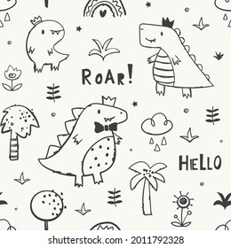 Childish seamless pattern with cute dinosaur family. Perfect for fabric, wallpaper, wrapping paper, textile. Hand drawn vector illustration