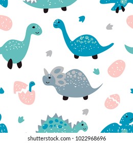 Childish seamless pattern with cute dinosaurs. Scandinavian style. Childish texture for fabric, textile.