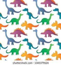 Childish seamless pattern with cute dinosaurs on white background. Design for fabric, textile, decor. Vector illustration.