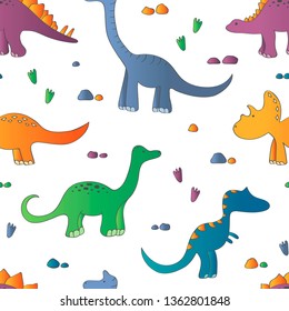 Childish seamless pattern with cute dinosaurs on white background. Design for fabric, textile, decor. Vector illustration.	