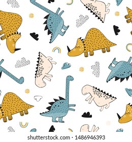 Childish seamless pattern with cute dinosaurs, rainbow and clouds. Hand drawn overlapping background for your design. Vector childish background for fabric, textile, nursery wallpaper.