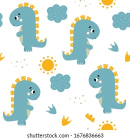 Childish seamless pattern with cute dinosaurs on a white background. Children's illustration in a funny cartoon style. Dinosaur pattern vector. Colorful dinosaurs vector background.
