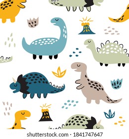 Childish seamless pattern with cute dinosaurs . Creative texture for fabric and textile.