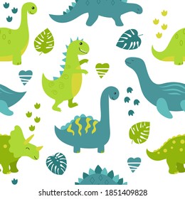 Patrón infantil sin costuras con lindos dinosaurios sobre fondo blanco.