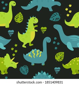 Patrón infantil sin costuras con lindos dinosaurios sobre fondo negro.