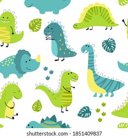 Childish seamless pattern with cute dinosaurs on white background.