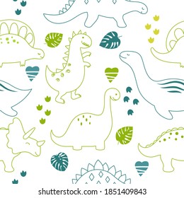 Childish seamless pattern with cute dinosaurs on white background. Outline style.