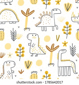 Childish seamless pattern with cute dinosaurus. Creative vector childish background for fabric, textile, nursery wallpaper. Vector Illustration.