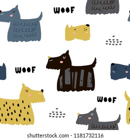 Childish seamless pattern with cute dogs. Trendy scandinavian vector background. Perfect for kids apparel,fabric, textile, nursery decoration,wrapping paper