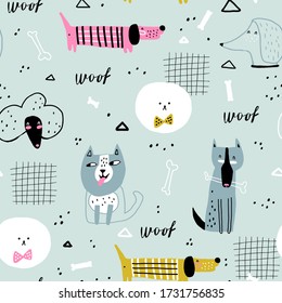 Childish seamless pattern with cute dogs. Creative childish texture for fabric, wrapping, textile, wallpaper, apparel. Vector illustration. Blue background.