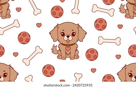 Childish seamless pattern with cute dogs, bones, balls. Vector illustration