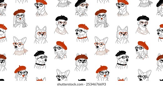 Childish seamless pattern with cute dogs in glasses. Cute funny puppy faces french style, hand drawn cartoon animals for kids fabric print. Vector texture.