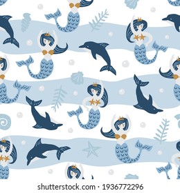 Childish seamless pattern with cute dolphin and mermaid. Creative texture for fabric, textile