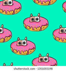 Childish seamless pattern with cute donut cat. Creative texture for textile, wallpaper, fabric and decor.