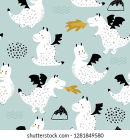 Childish seamless pattern with cute dragons in scandinavian style. Creative vector childish background for fabric, textile