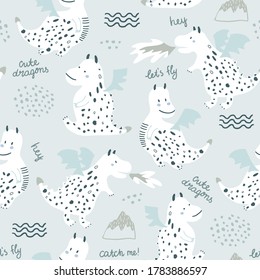 Patrón infantil sin costura con lindos dragones al estilo escandinavo. Fondo infantil vectorial creativo para tela, textil