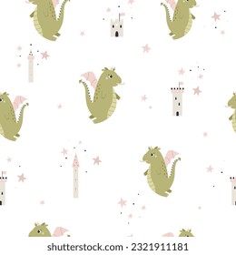 Childish seamless pattern with cute dragons and castles. Colorful design for textile, kids clothing, fabric, nursery decoration