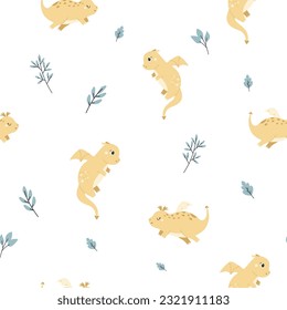 Childish seamless pattern with cute dragons and botanical elements. Colorful design for textile, kids clothing, fabric, nursery decoration