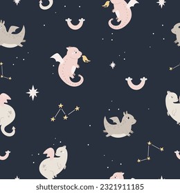 Childish seamless pattern with cute dragons in starry night. Colorful design for textile, kids clothing, fabric, nursery decoration