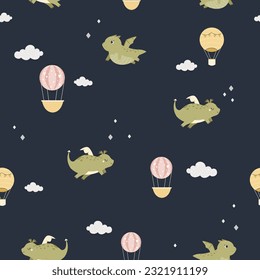 Childish seamless pattern with cute dragons and hot air balloon in starry night. Colorful design for textile, kids clothing, fabric, nursery decoration