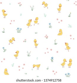 Childish seamless pattern with cute ducklings. Vector illustration. Use for textile, print, surface design, fashion kids wear

