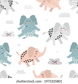 Childish seamless pattern with cute elephant. Creative texture for fabric, textile.