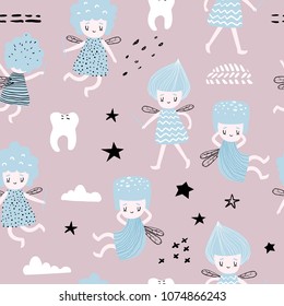 Childish Seamless Pattern with Cute Fairy. Fairytale Girlish Background for Fabric, Print, Wrapping, Wallpaper. Vector illustration