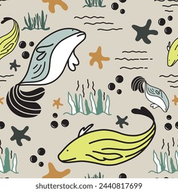 Childish seamless pattern with cute fish for kids apparel, fabric, textile, nursery decoration, wrapping paper.