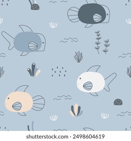 Childish seamless pattern with cute fish. Underwater and sea animal background. Used for fabric, textile, wallpaper, wrapping, kids apparel design. Vector illustration