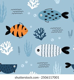 Patrón infantil sin fisuras con lindos peces bajo el mar y burbujas, algas marinas para imprimir, Fondo de pantalla, trajes de baño para niños, tela textil y papel de embalaje. Vector 