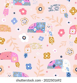 Childish seamless pattern with cute floral toucans. Summer creative texture for textile, wallpaper,apparel, digital papers.