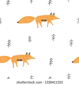 Childish seamless pattern with cute fox and forest. Vector texture in childish style great for fabric and textile, wallpapers, backgrounds.
