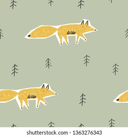 Childish seamless pattern with cute fox and forest. Vector texture in childish style great for fabric and textile, wallpapers, backgrounds.