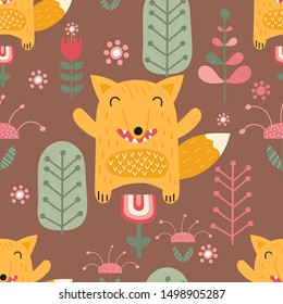 Childish seamless pattern with cute fox in Scandinavian style. Vector Illustration. Kids illustration for nursery design. Great for baby clothes, greeting card, wrapping paper.