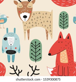 Childish seamless pattern with cute fox, deer, bird and hare in Scandinavian style. Vector Illustration. Kids illustration for nursery design. Great for baby clothes, greeting card, wrapping paper.